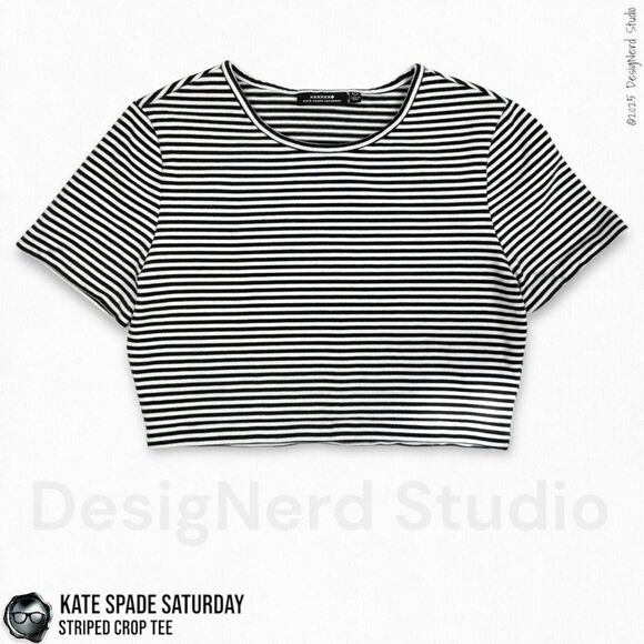 VINTAGE KATE SPADE SATURDAY CROPPED CREWNECK T SHIRT IN BLACK AND WHITE STRIPE - Picture 1 of 11